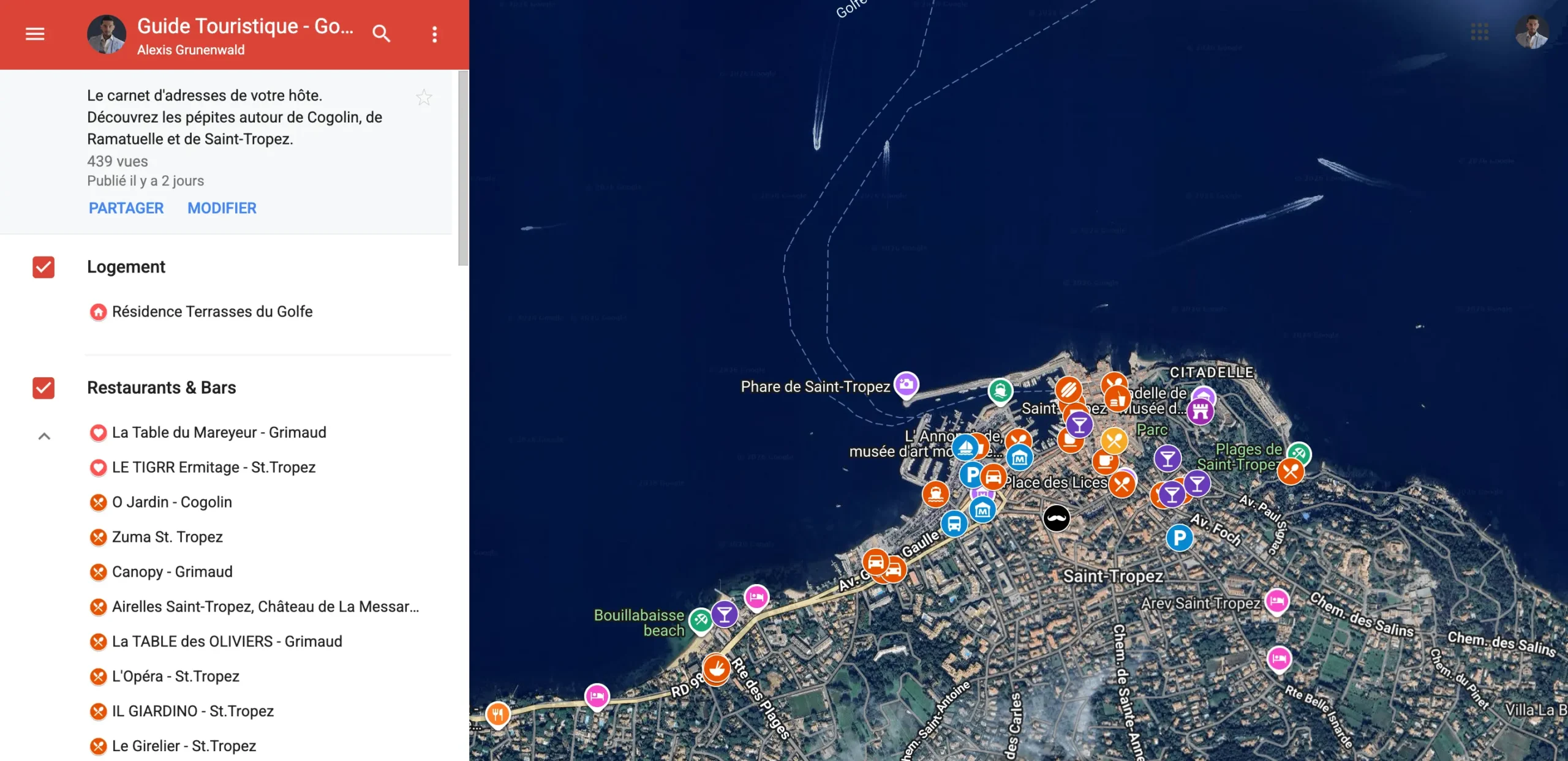 Carte Google Map interactive personnalisée Golfe de Saint-Tropez - Cocon Cogolinois